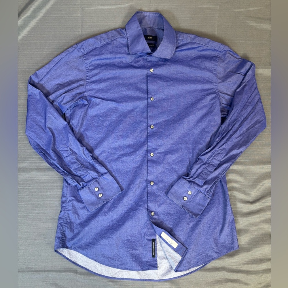 Hugo Boss BOSS Regular Fit Dress Shirt 41 Large Blue Italian Fabric